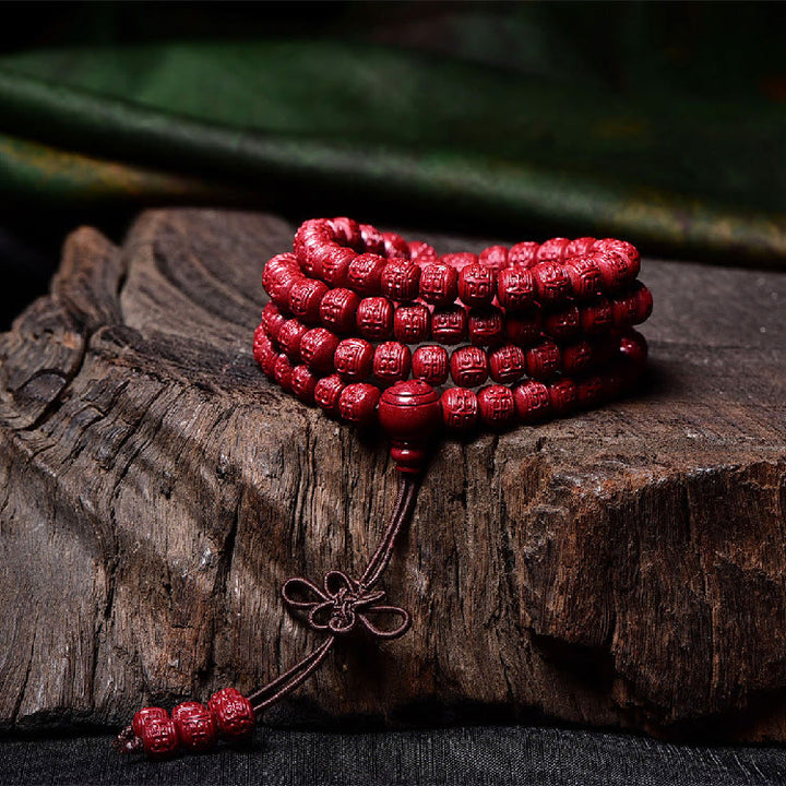 Buddha Stones 108 Mala kralen met cinnaber Om Mani Padme Hum patroon gegraveerde Armband - image 13