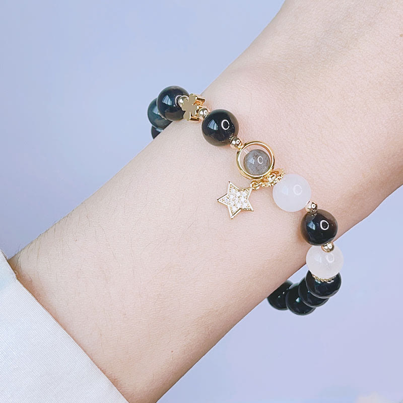 Buddha Stones Armband van obsidiaan met natuurlijke zilverglans, hart, ster en bloem. - image 8