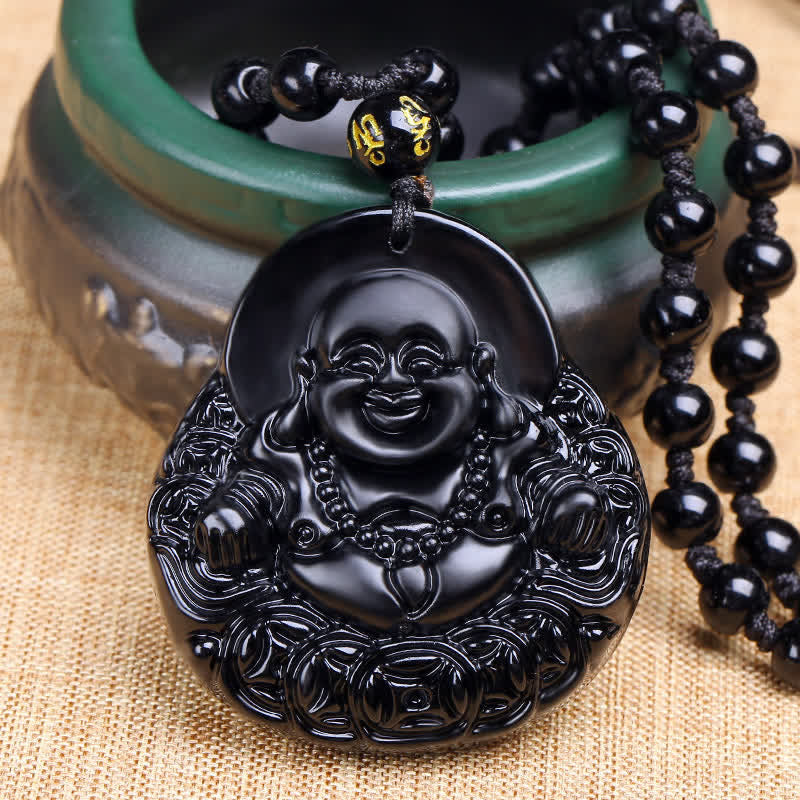 Buddha Stones Lachende Boeddha Ketting van zwarte obsidiaan met kracht- en beschermingshanger. - Zwarte obsidiaan - image 0