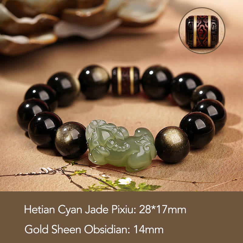 Buddha Stones Natuurlijke goudglans obsidiaan Hetian cyaan jade witte jade PiXiu rijkdom Armband - Goudglans Obsidiaan Cyaan Jade PiXiu-14mm (Heren) - image 3