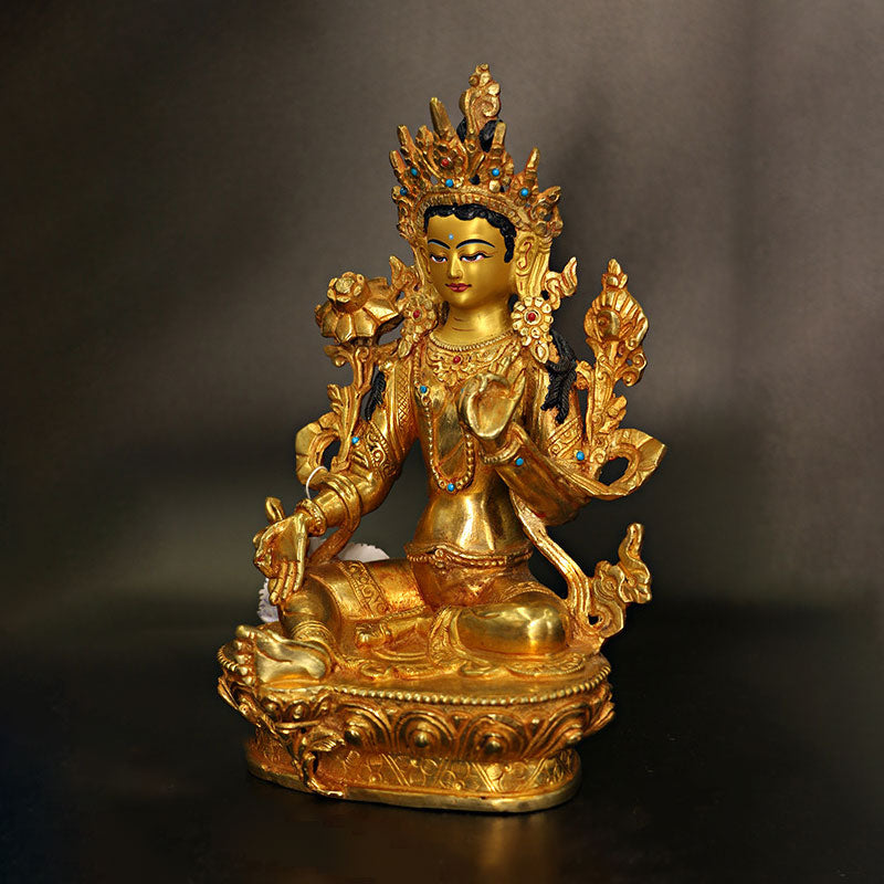 Buddha Stones Bodhisattva Tara Chenrezig Vierarmige Avalokitesvara Beschermingsbeeldje van koper en verguld goud. - image 1