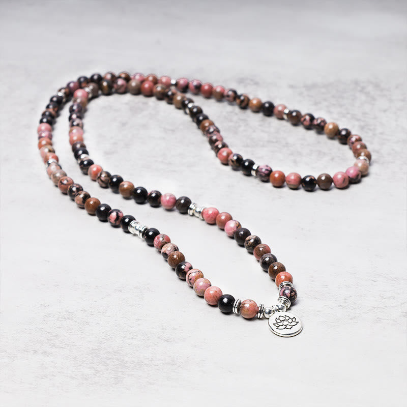 Buddha Stones 108 Mala kralen, rhodoniet, lotus, compassie- Armband - image 2