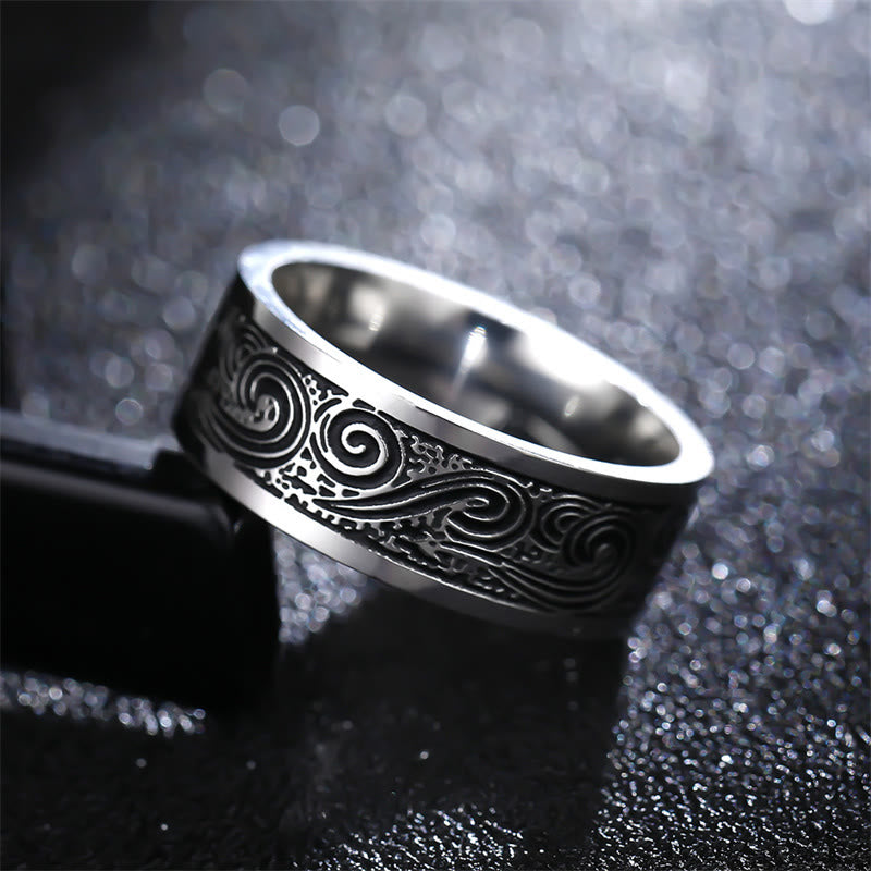 Buddha Stones Vintage Wave Gelukbrengende Wolken Gegraveerd Patroon Titanium Stalen Ring - image 1