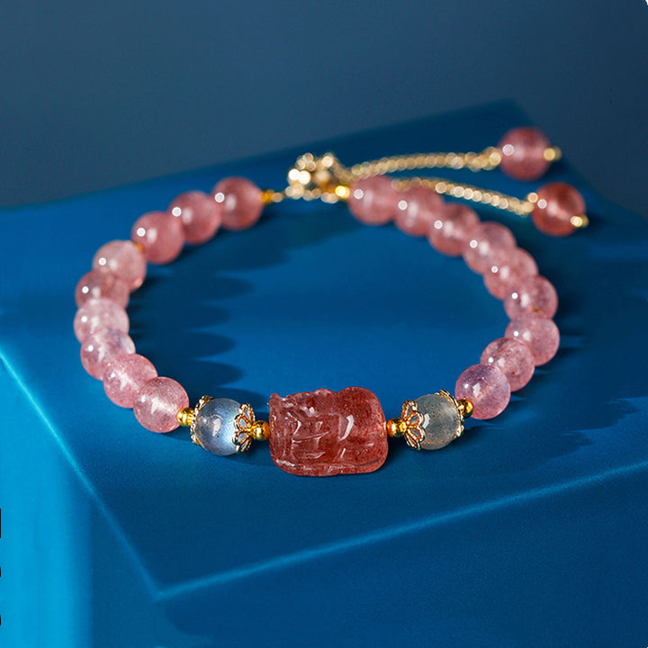 Buddha Stones Aquamarijn, aardbeikwarts, amethist, maansteen, PiXiu helende Armband - Aardbeikwarts (Liefde ♥ Genezing) - image 3
