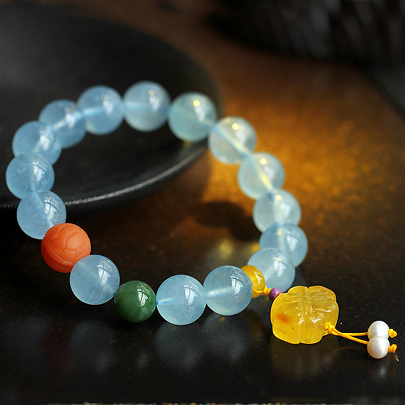 Buddha Stones Natuurlijke aquamarijn barnsteen Chinese knoop bedel Armband - image 1