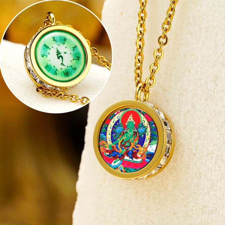 Buddha Stones Tibetaanse gele god van rijkdom, groene Tara Boeddha, sereniteit, Ketting van titaniumstaal - Voorkant Groen Tara Achterkant Mantra - image 12