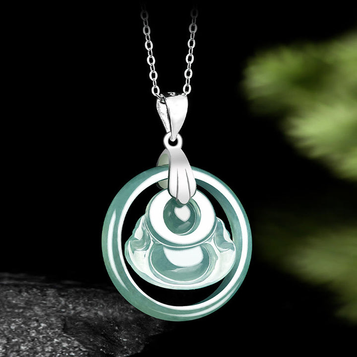 Buddha Stones Ketting met hanger van natuurlijke jade, ronde lachende Boeddha en titanium stalen ketting ter ere van overvloed. - image 4