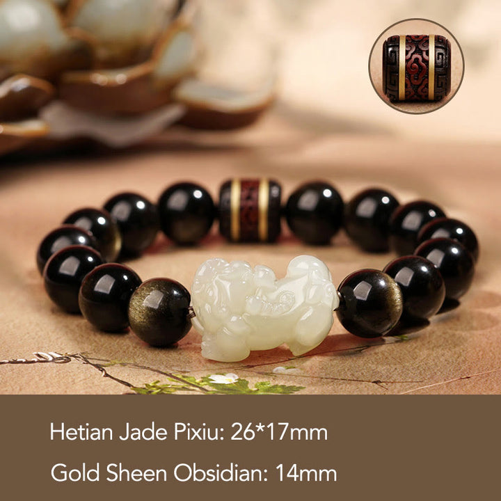 Buddha Stones Natuurlijke goudglans obsidiaan Hetian cyaan jade witte jade PiXiu rijkdom Armband - Goudkleurige Obsidiaan Witte Jade PiXiu 14mm(Heren) - image 8