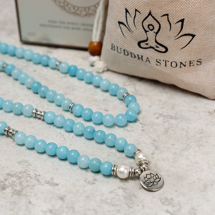 Buddha Stones Natuurlijke Amazonietsteen Healing Lotus Mala Armband - image 6