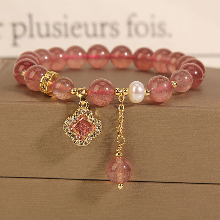 Buddha Stones Aardbeikwarts parel klavertje vier bedeltje helende Armband - Aardbeikwarts (Liefde♥Genezing) - image 0