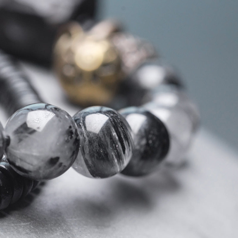Buddha Stones Armband voor stellen met zwarte rutielkwarts, ebbenhout en koper, symbool van wijsheid. - image 8