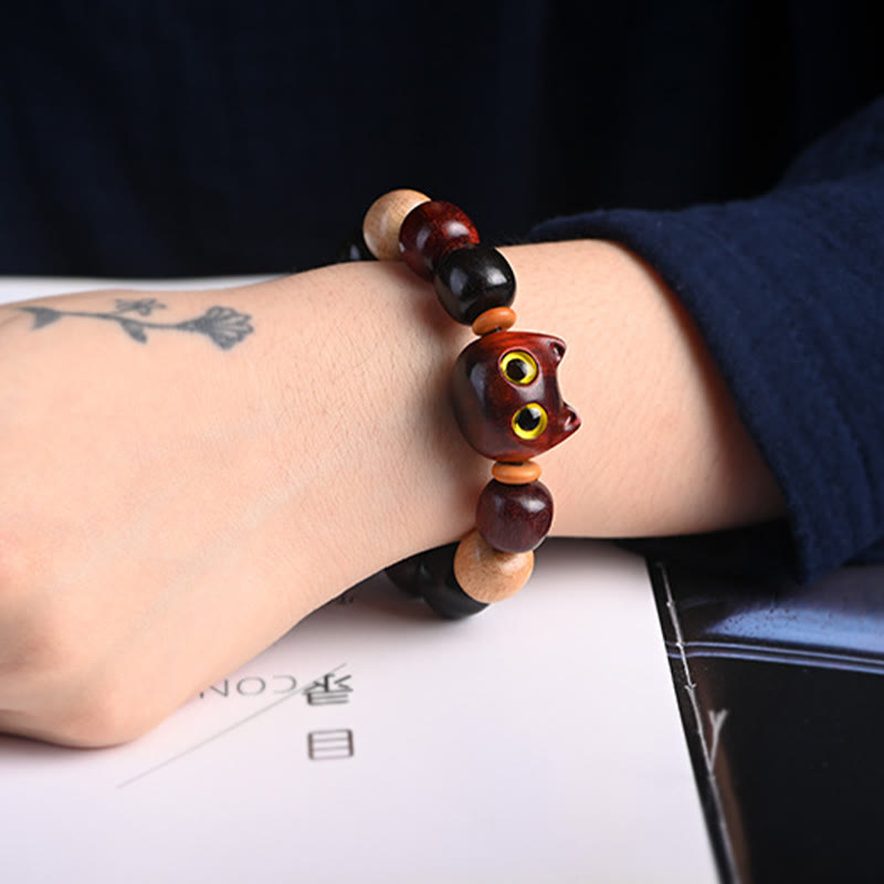 Buddha Stones Armband met kleine blaadjes, rood sandelhout, ebbenhout en schattige kat, gegraveerd ter bescherming - image 15