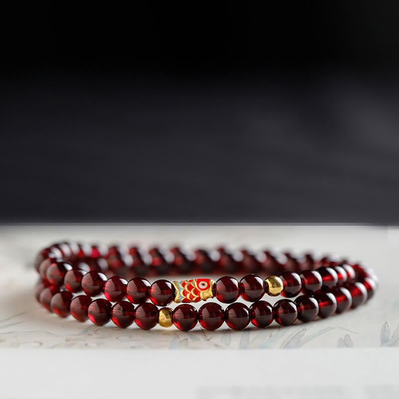 Buddha Stones 999 Gouden Koi Vis Armband met Natuurlijke Granaat - 5 mm - Dubbele Armband met granaat- en gouden koivissen - 17 cm - image 12