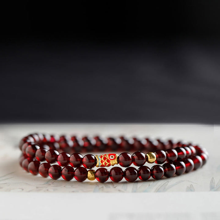 Buddha Stones 999 Gouden Koi Vis Armband met Natuurlijke Granaat - 5 mm - Dubbele Armband met granaat- en gouden koivissen - 17 cm - image 12