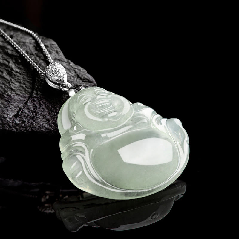 Buddha Stones Natuurlijke jade lachende Boeddha welvaart overvloed ketting Ketting van titaniumstaal - image 2