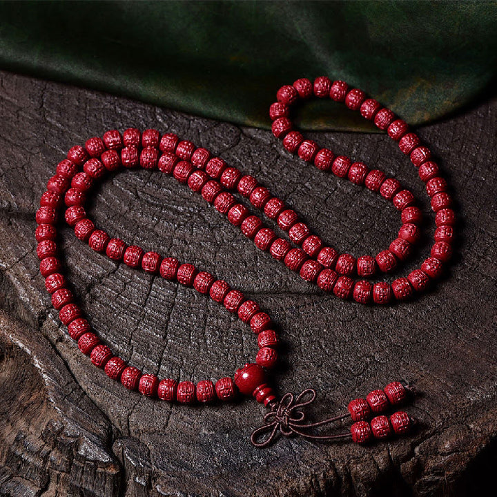 Buddha Stones 108 Mala kralen met cinnaber Om Mani Padme Hum patroon gegraveerde Armband - 6mm* 108 Tonvormige kralen gegraveerd - image 11