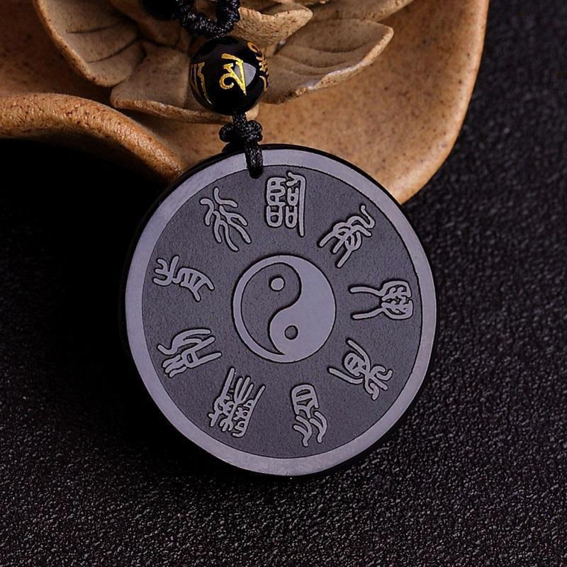 Buddha Stones Natuurlijke zwarte obsidiaan Taoïstische Vijf Heilige Bergen Negenkarakter Mantra Gegraveerde Kracht Yin Yang Ketting Sleutelhanger - image 1