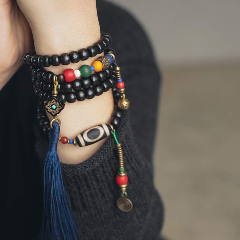 Buddha Stones 108 kralen Mala van ebbenhout, dzi-kralen, koperen Armband met kwastje - image 2