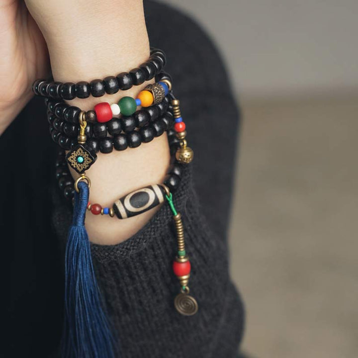 Buddha Stones 108 kralen Mala van ebbenhout, dzi-kralen, koperen Armband met kwastje - image 2