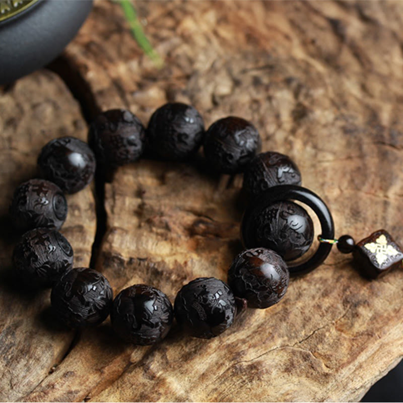 Buddha Stones Armband van ebbenhout met Chinese karakters Yin Yang gegraveerd - image 8