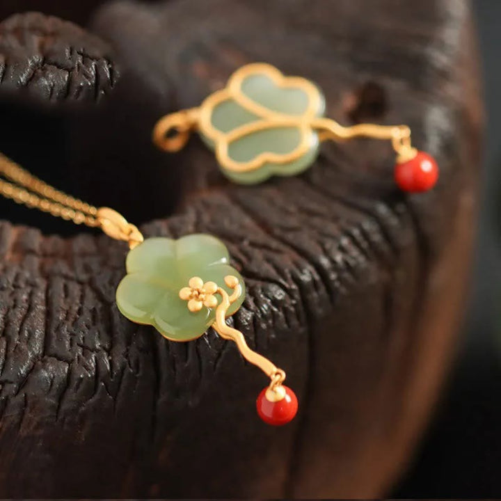 Vintage Ketting van pruimenbloesem, jade en rode agaat, symbool voor voorspoed. - image 3