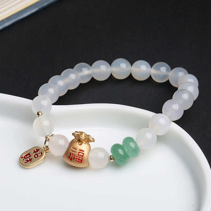 Buddha Stones Natuurlijke witte agaat, rode agaat, geldzak, Fu-teken, klavertje vier, Armband - image 1