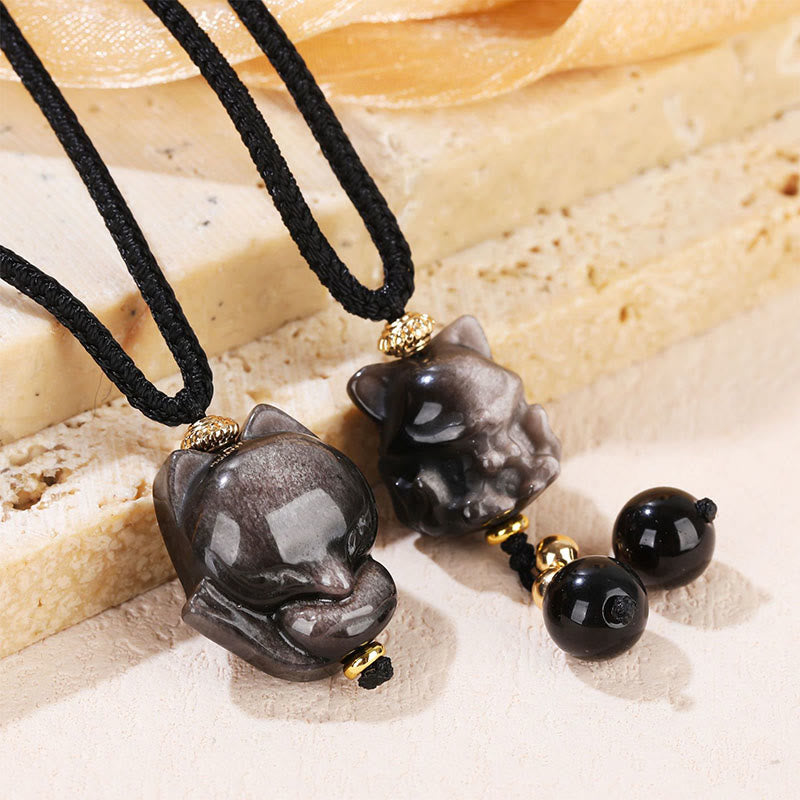 Buddha Stones Ketting met afbeelding van een negenstaartvos en natuurlijke zilverglans van obsidiaan - image 1