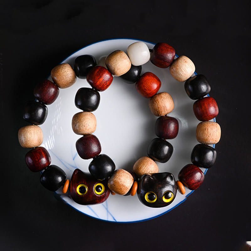 Buddha Stones Armband met kleine blaadjes, rood sandelhout, ebbenhout en schattige kat, gegraveerd ter bescherming - image 1