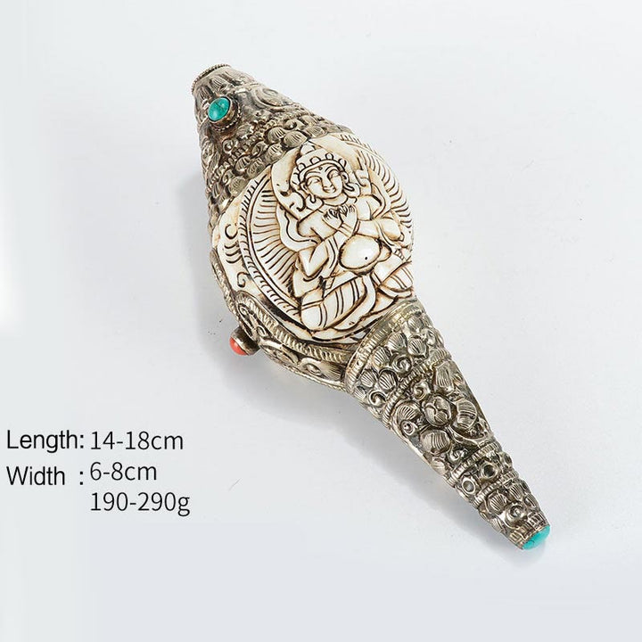 Tibetaanse handgemaakte gegraveerde Shankha Boeddha schelp decoratie, symbool voor welvaart en positiviteit. - Vajra - image 13