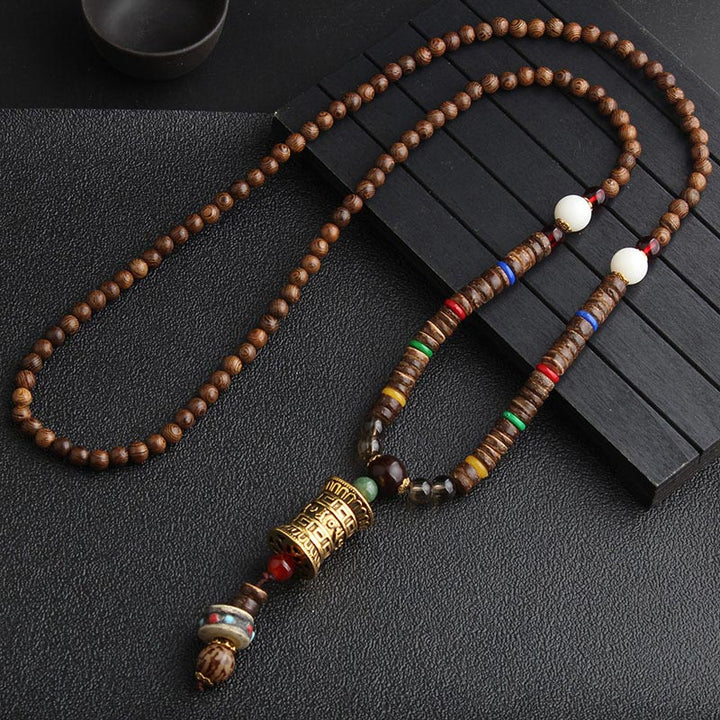 Buddha Stones Turkooizen Dzi-kralen Ketting meditatieketting van wengéhout - Gouden gebedswiel - image 8