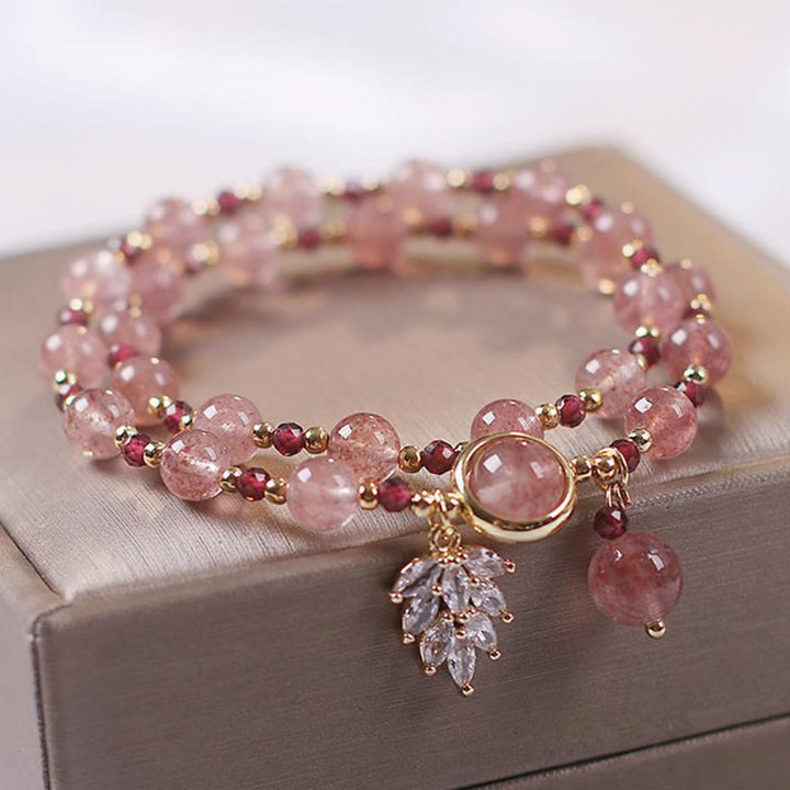 Buddha Stones Armband met dubbele wikkeling, bedeltje van natuurlijk aardbeikwarts, liefdesgenezing en esdoornblad. - Aardbeikwarts (Liefde♥Genezing) kraal, Maat 6mm - image 0