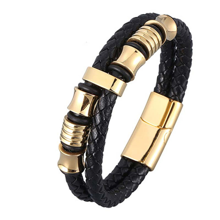Buddha Stones Armband van gelaagd leer met weefpatroon - Goud 20,5 cm - image 8