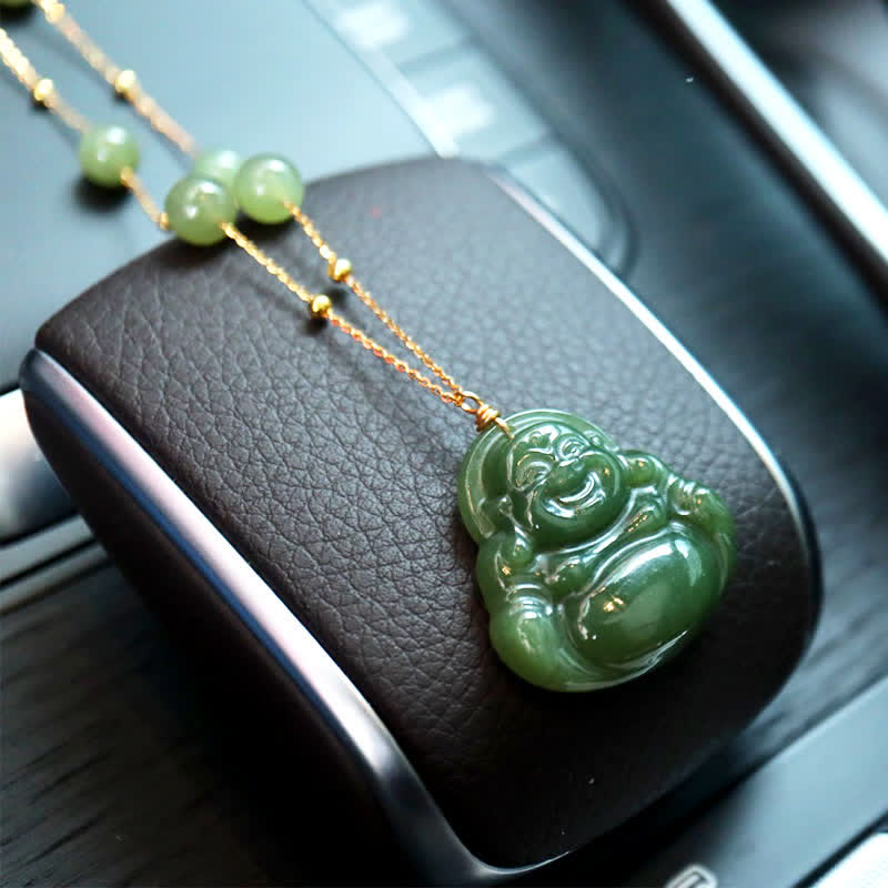 Buddha Stones Lachende Boeddha Hetian Jade Ketting met kralenhanger - image 1