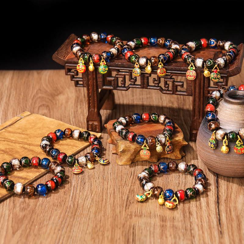 Buddha Stones Vijf Elementen Gouden Verslindend Beest Familie Charm Liuli Glazen Kraal Armband - image 1