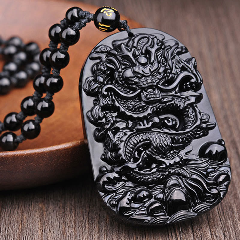 Buddha Stones Ketting met draak en symbool van vervulling van zwarte obsidiaansteen - image 5