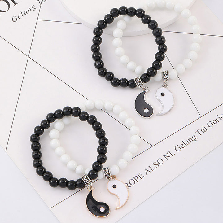 Buddha Stones 2 stuks zwarte onyx en witte turkooizen kralen Yin Yang Armband voor stellen - image 3