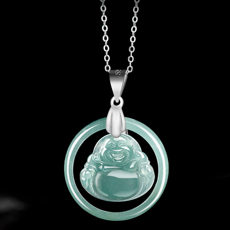 Buddha Stones Ketting met hanger van natuurlijke jade, ronde lachende Boeddha en titanium stalen ketting ter ere van overvloed. - image 3