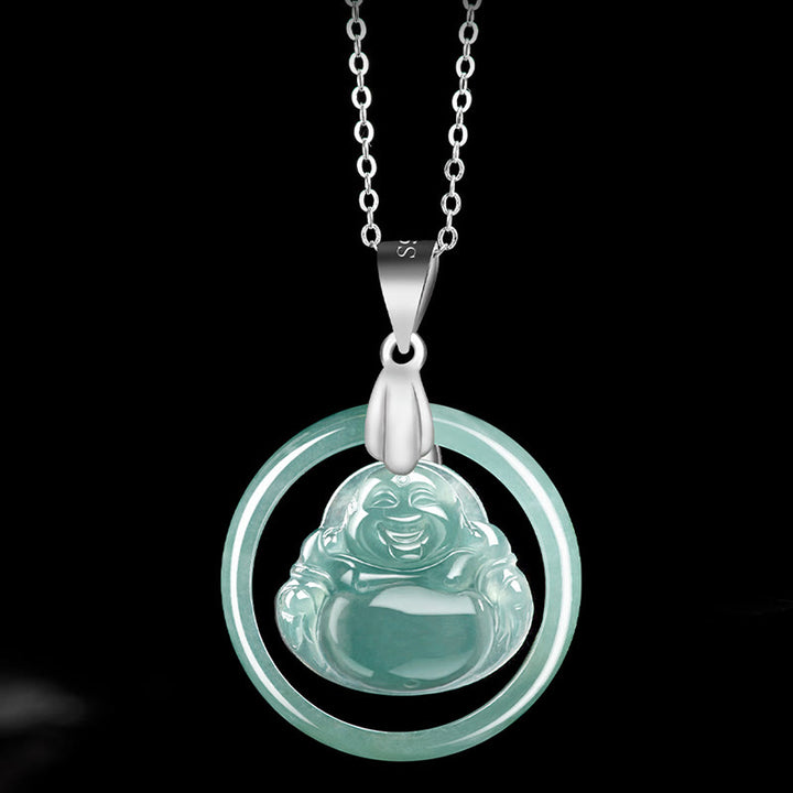 Buddha Stones Ketting met hanger van natuurlijke jade, ronde lachende Boeddha en titanium stalen ketting ter ere van overvloed. - image 3
