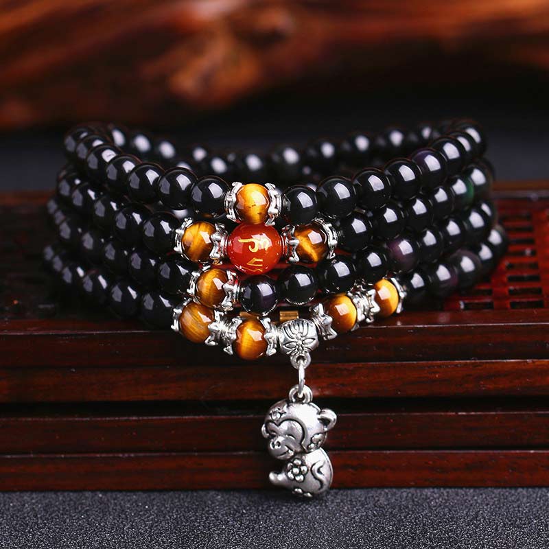 Chinese dierenriem 108 kralen zwarte obsidiaan tijgeroog Mala Armband - Zwarte obsidiaan en tijgeroog - Aap - image 0
