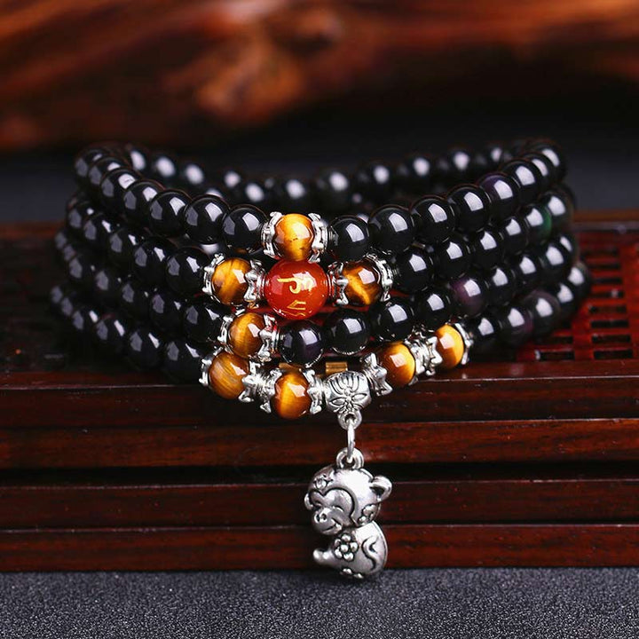 Chinese dierenriem 108 kralen zwarte obsidiaan tijgeroog Mala Armband - Zwarte obsidiaan en tijgeroog - Aap - image 0
