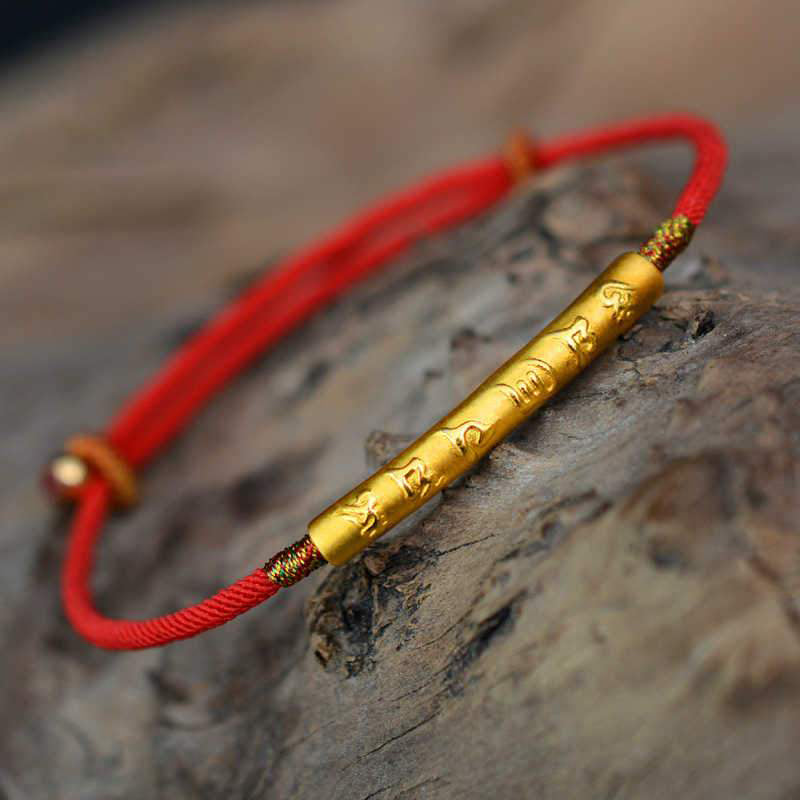 Buddha Stones Tibetaans-boeddhistische handgemaakte Mani Mantra geluksarmband van rood Armband - Verguld sterlingzilver (Polsomtrek 13-21 cm) - image 0