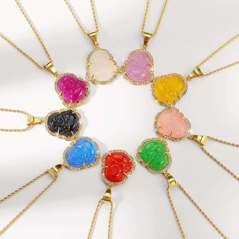 Buddha Stones Ketting met lachende Boeddha van jade, 18 karaats verguld - image 1