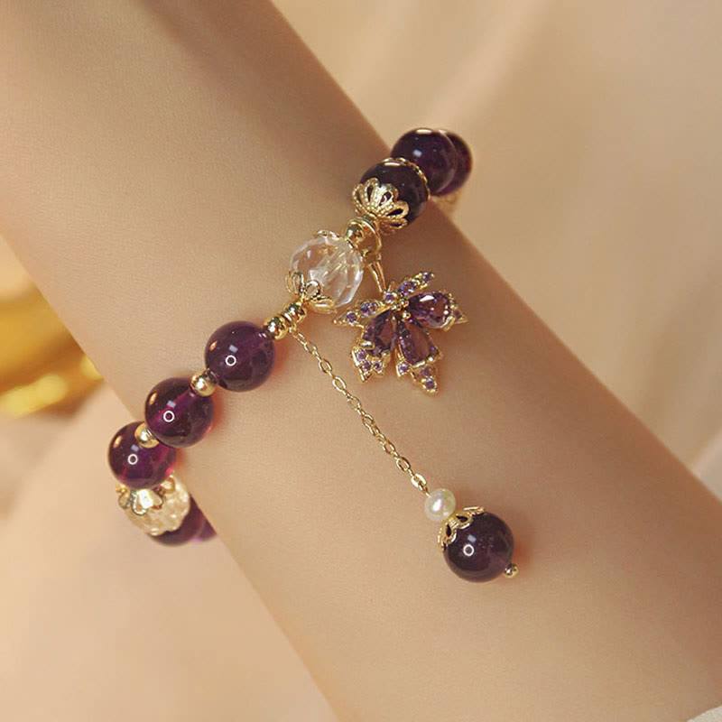 Buddha Stones Armband met bedeltje in de vorm van een esdoornblad, verguld met 14 karaats goud en een helende werking van natuurlijke amethist. - Amethist (Innerlijke rust ♥ Genezing) - image 0