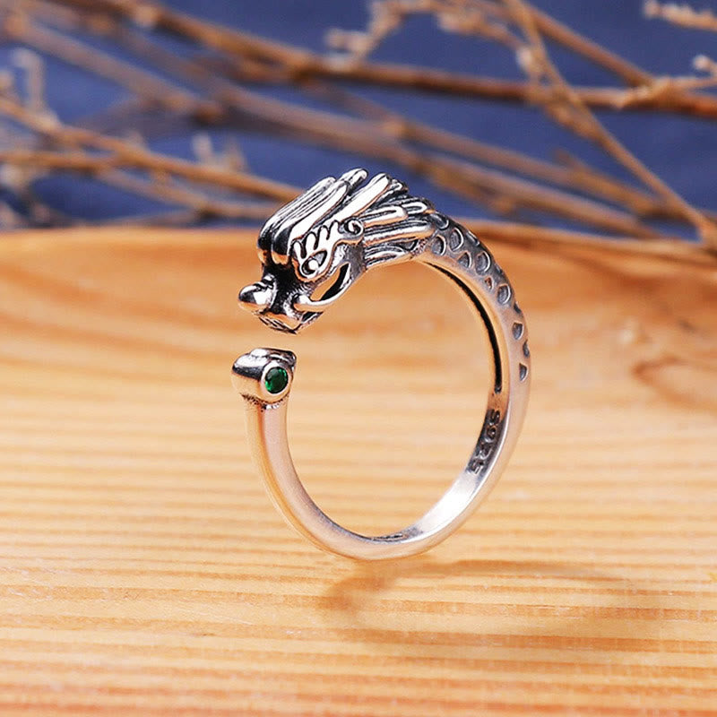 Buddha Stones Vintage ring met drakendesign, symbool voor succes en kracht. Verstelbare Ring. - image 1