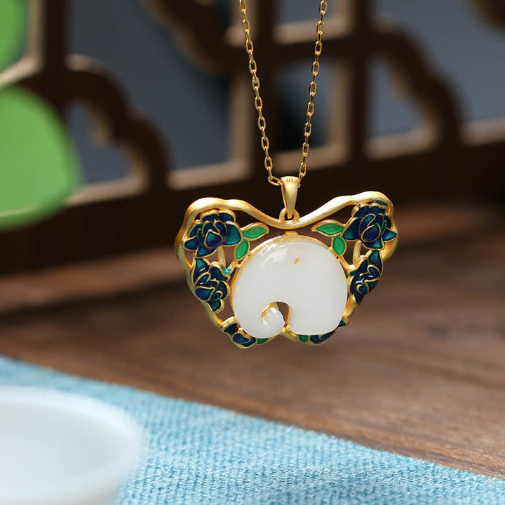 Witte jade olifant, vlinder, lotus, succes Ketting - Witte Jade - image 0