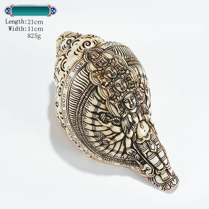 Tibetaanse handgemaakte gegraveerde Shankha Boeddha Avalokitesvara Conch Shell rijkdom decoratie - Avalokitesvara met duizend armen 21*11cm - image 32