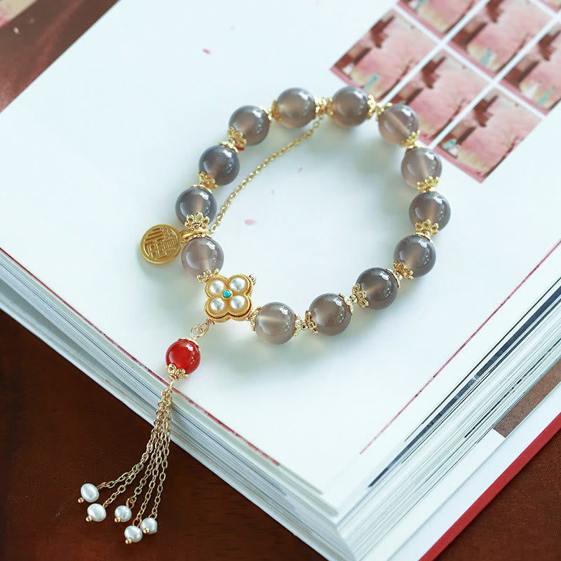 Buddha Stones Natuurlijke grijze agaat Fu karakter parel kwastje Armband - image 5