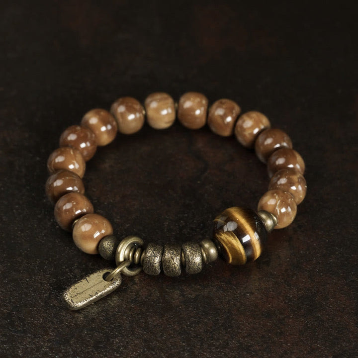 Buddha Stones Kuka-zaad, tijgeroog, goudkleurige obsidiaan, messing, koperen Armband - image 3