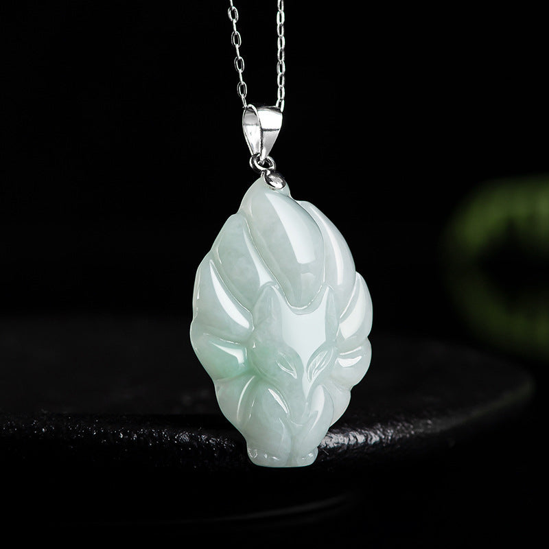 Buddha Stones Natuurlijke jade hanger met negenstaartvosmotief, titanium stalen ketting en Ketting voor voorspoed - image 1