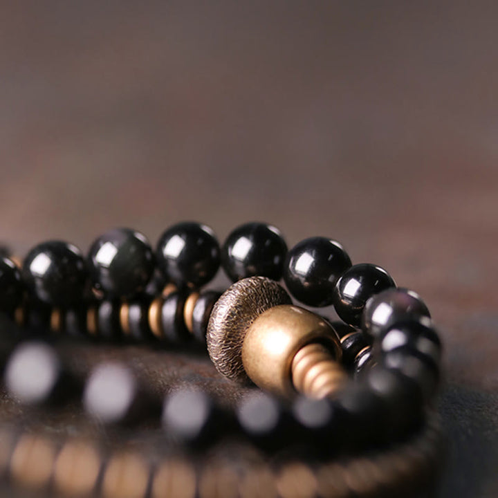 Buddha Stones Regenboog Obsidiaan Ebbenhout Koper Genezende Drievoudige Armband - image 2